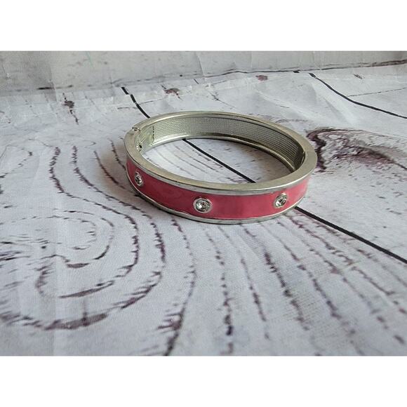Silver Tone Pink Enamel Hinged Bangle Bracelet With Gems - Picture 1 of 7